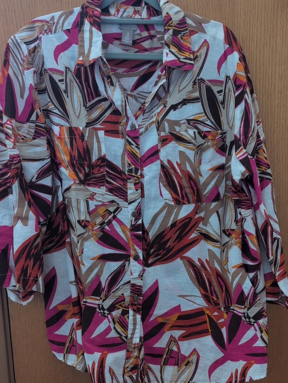 Printed Button-Front Women's Top in Pink & Brown - Classic Shirt With 3/4 Sleeve